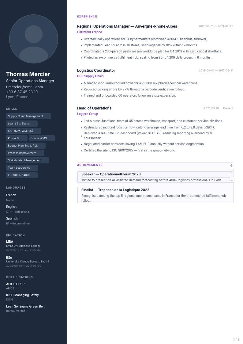 A tailored CV generated by EmbedCV for a logistics management role